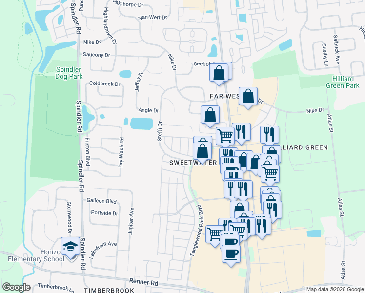 map of restaurants, bars, coffee shops, grocery stores, and more near 2032 Burbridge Lane in Hilliard