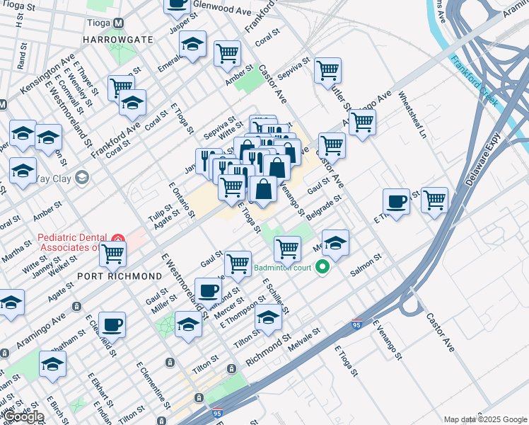 map of restaurants, bars, coffee shops, grocery stores, and more near 3501 Cedar Street in Philadelphia