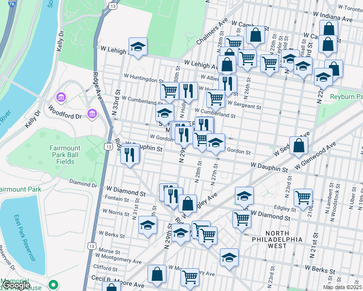 map of restaurants, bars, coffee shops, grocery stores, and more near 2318 North 29th Street in Philadelphia