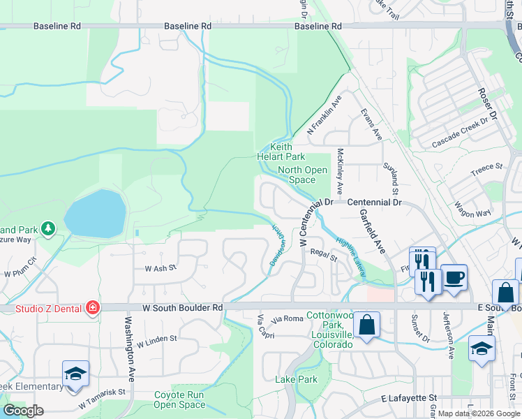 map of restaurants, bars, coffee shops, grocery stores, and more near 2195 Cliffrose Lane in Louisville