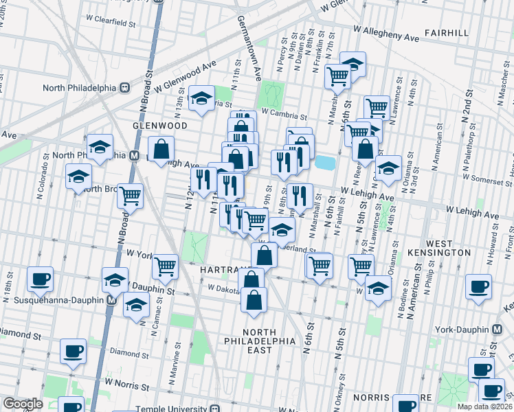 map of restaurants, bars, coffee shops, grocery stores, and more near 919 West Huntingdon Street in Philadelphia