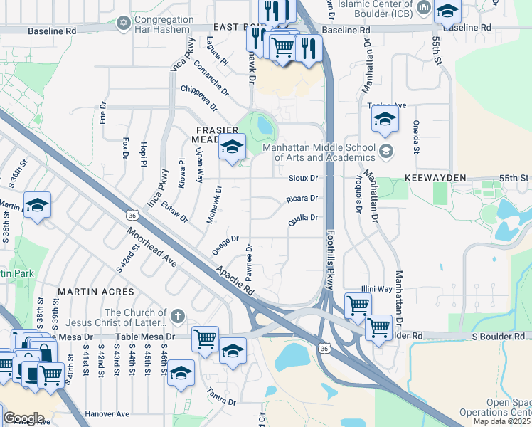map of restaurants, bars, coffee shops, grocery stores, and more near 4695 Ricara Drive in Boulder