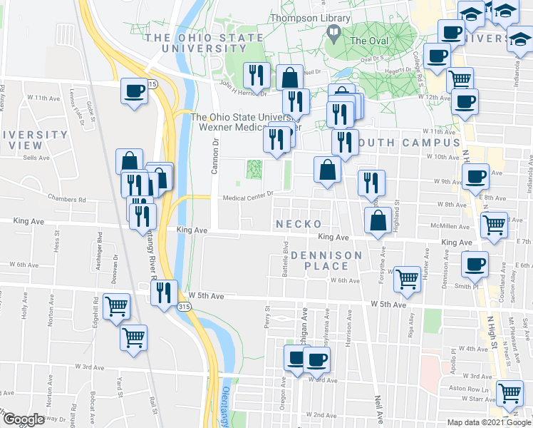 map of restaurants, bars, coffee shops, grocery stores, and more near 1497 Perry Street in Columbus