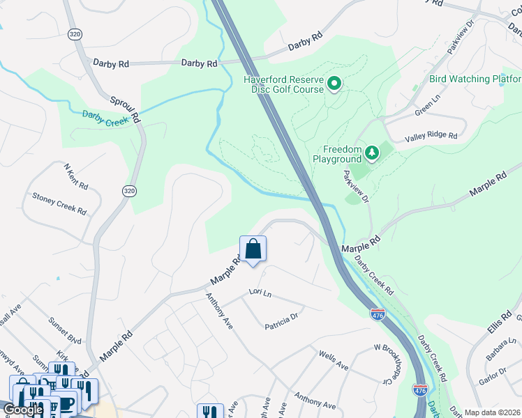 map of restaurants, bars, coffee shops, grocery stores, and more near 402 Marple Road in Broomall