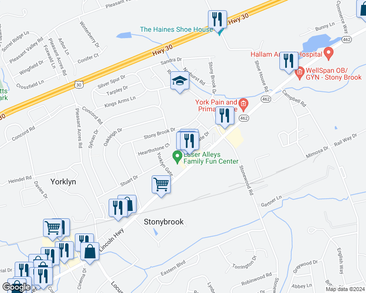 map of restaurants, bars, coffee shops, grocery stores, and more near 3912 Eastgate Drive in York
