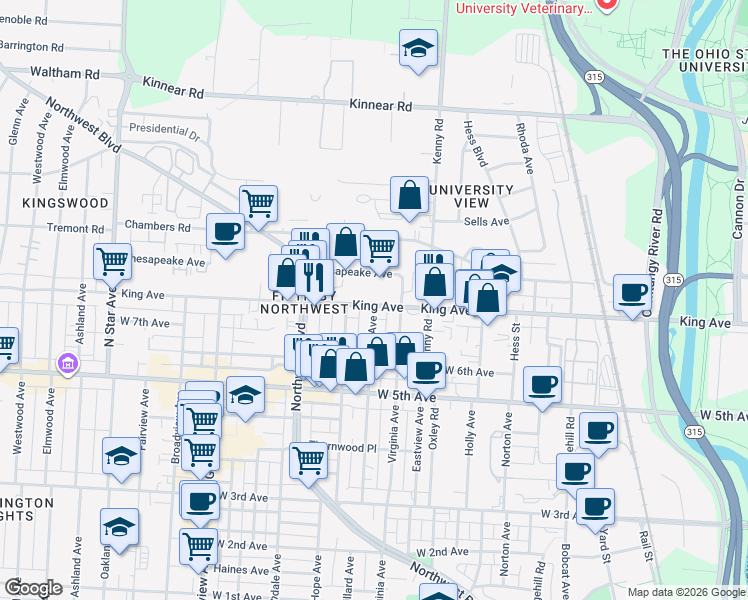 map of restaurants, bars, coffee shops, grocery stores, and more near 1126 King Avenue in Columbus