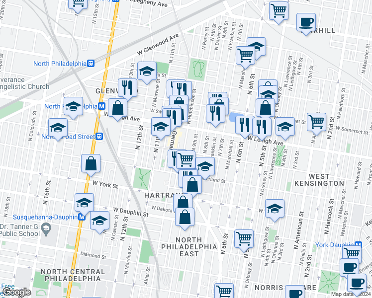 map of restaurants, bars, coffee shops, grocery stores, and more near 921 West Huntingdon Street in Philadelphia