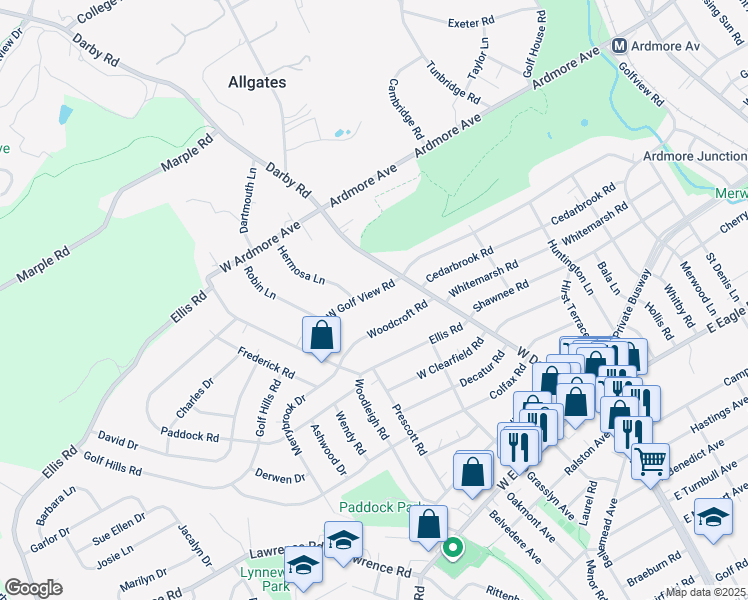map of restaurants, bars, coffee shops, grocery stores, and more near 17 West Golf View Road in Havertown