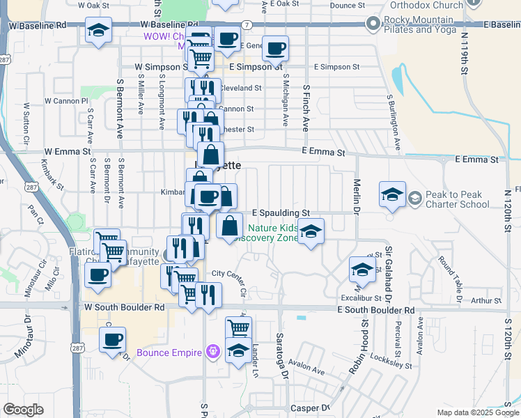 map of restaurants, bars, coffee shops, grocery stores, and more near 274 Skylark Circle in Lafayette