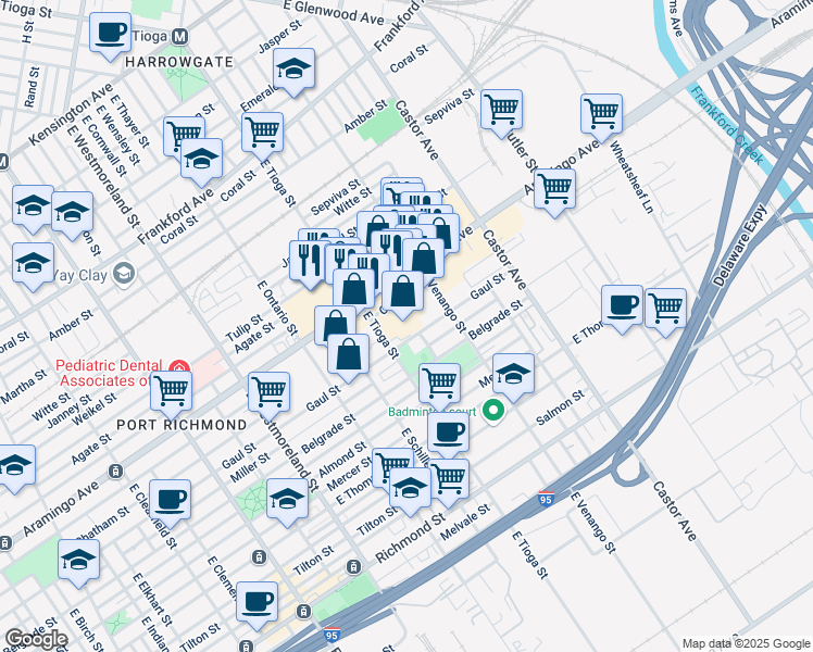 map of restaurants, bars, coffee shops, grocery stores, and more near 3501 Cedar Street in Philadelphia