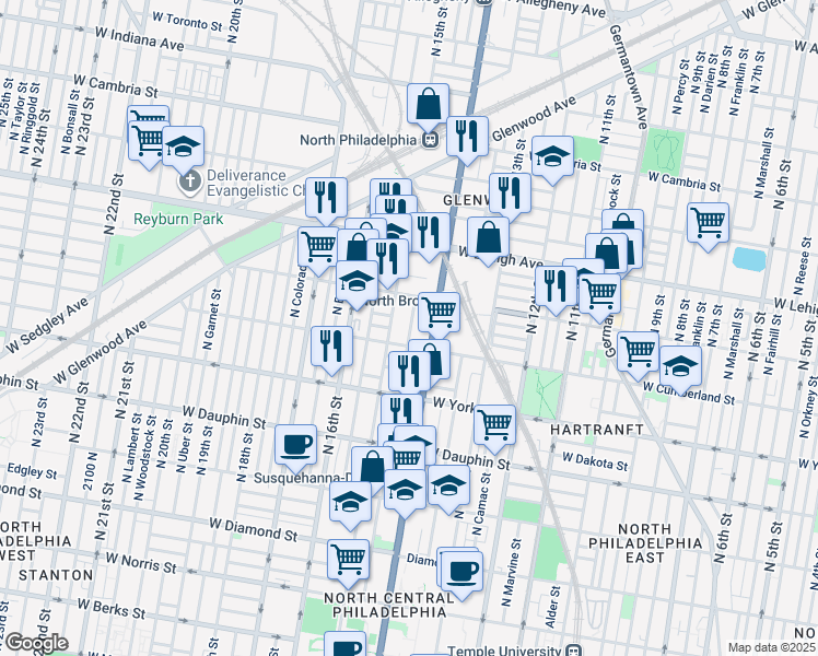 map of restaurants, bars, coffee shops, grocery stores, and more near 2500 North Carlisle Street in Philadelphia