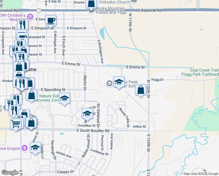 map of restaurants, bars, coffee shops, grocery stores, and more near 800 Merlin Drive in Lafayette