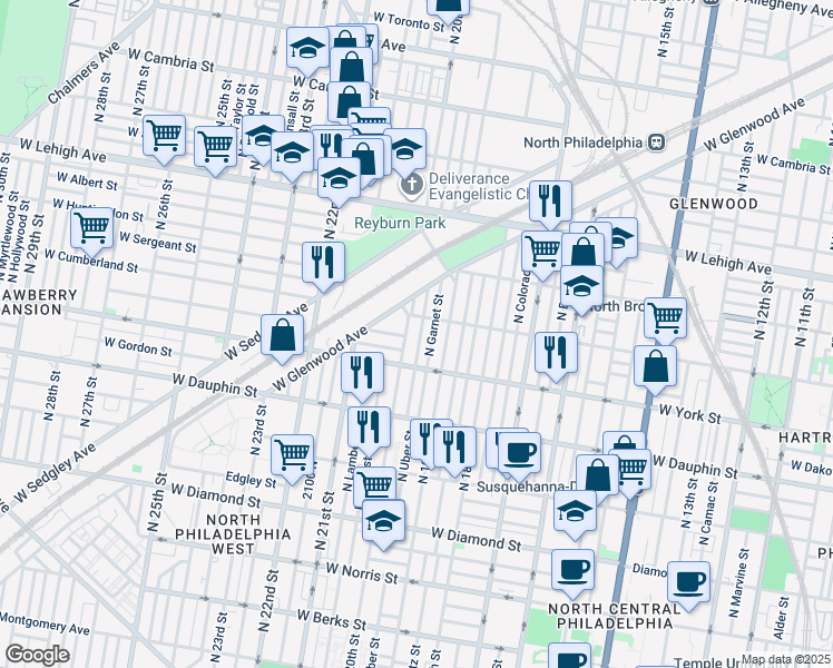 map of restaurants, bars, coffee shops, grocery stores, and more near 2444 North Opal Street in Philadelphia