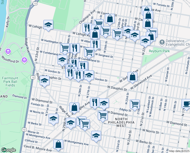 map of restaurants, bars, coffee shops, grocery stores, and more near 2632 West Arizona Street in Philadelphia