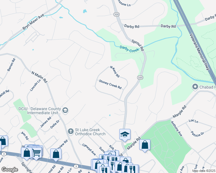 map of restaurants, bars, coffee shops, grocery stores, and more near 2732 Stoney Creek Road in Broomall
