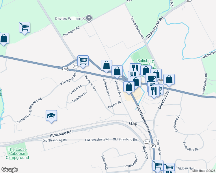 map of restaurants, bars, coffee shops, grocery stores, and more near 755 Bellevue Avenue in Gap