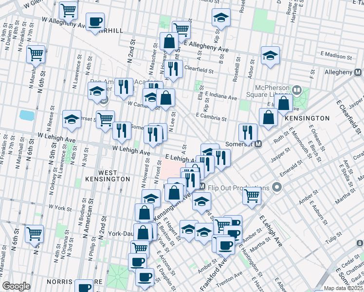 map of restaurants, bars, coffee shops, grocery stores, and more near 105 East Silver Street in Philadelphia