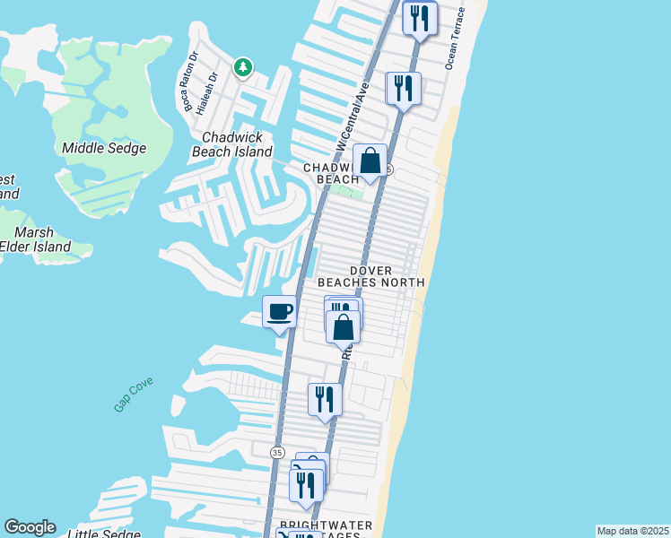map of restaurants, bars, coffee shops, grocery stores, and more near 113 W Sandpiper Way in Lavallette