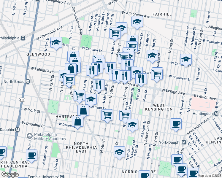 map of restaurants, bars, coffee shops, grocery stores, and more near 2630 North 6th Street in Philadelphia