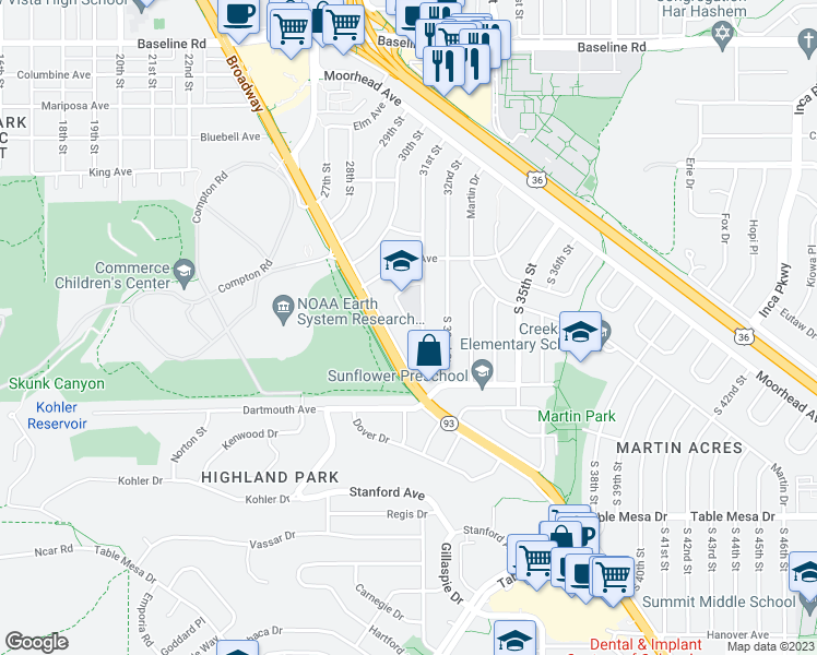map of restaurants, bars, coffee shops, grocery stores, and more near 87 Bucknell Court in Boulder