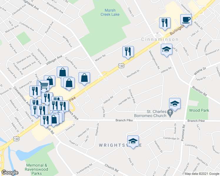 map of restaurants, bars, coffee shops, grocery stores, and more near 2155 Pennbrook Court in Cinnaminson