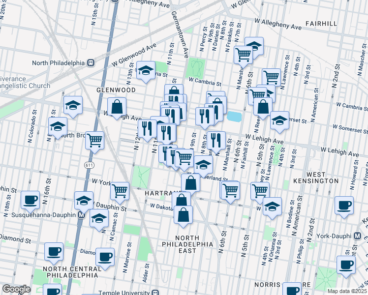 map of restaurants, bars, coffee shops, grocery stores, and more near 923 West Huntingdon Street in Philadelphia