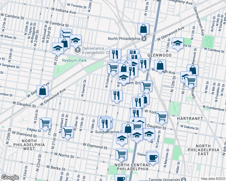 map of restaurants, bars, coffee shops, grocery stores, and more near 2500 North Chadwick Street in Philadelphia
