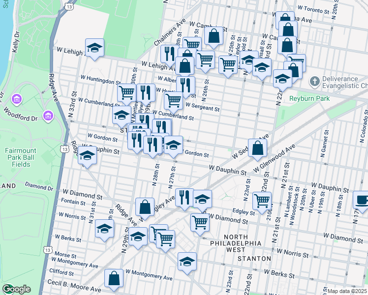 map of restaurants, bars, coffee shops, grocery stores, and more near 2636 West Arizona Street in Philadelphia