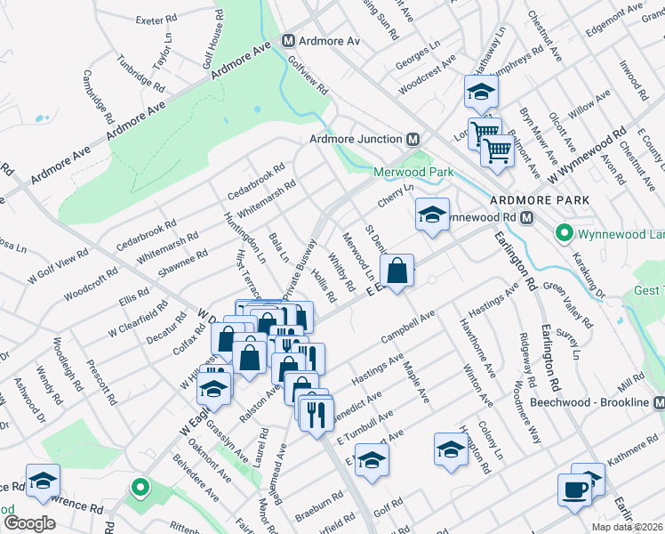 map of restaurants, bars, coffee shops, grocery stores, and more near 2428 Whitby Road in Havertown