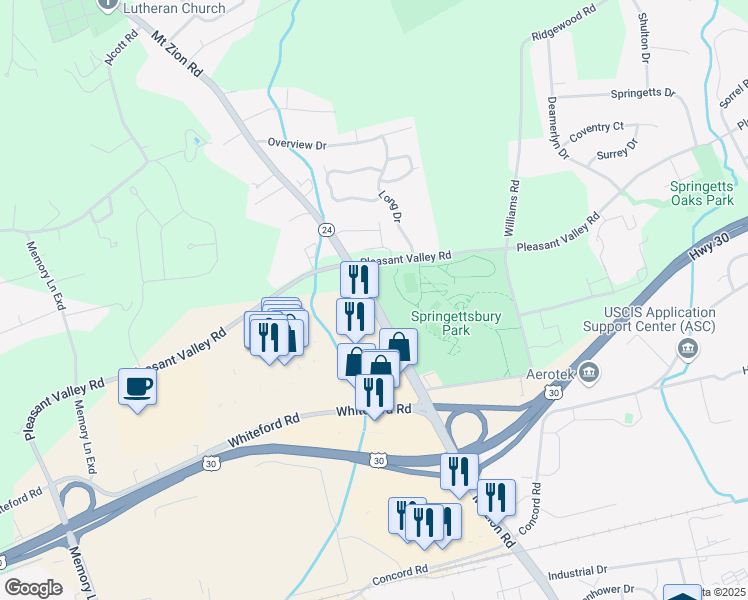 map of restaurants, bars, coffee shops, grocery stores, and more near 1501 Mount Zion Road in York