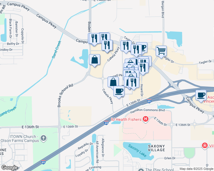 map of restaurants, bars, coffee shops, grocery stores, and more near 13725 Cabela Parkway in Noblesville