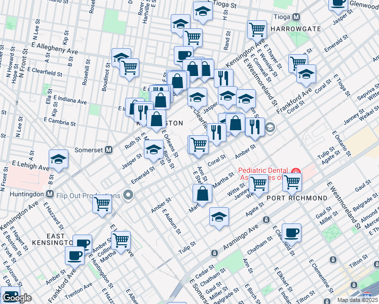 map of restaurants, bars, coffee shops, grocery stores, and more near 2017 East Stella Street in Philadelphia