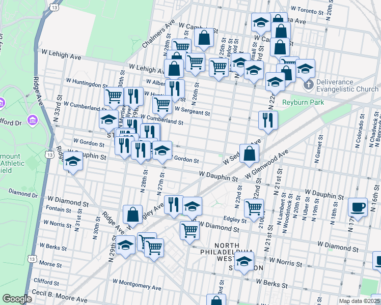 map of restaurants, bars, coffee shops, grocery stores, and more near 2545 West Arizona Street in Philadelphia