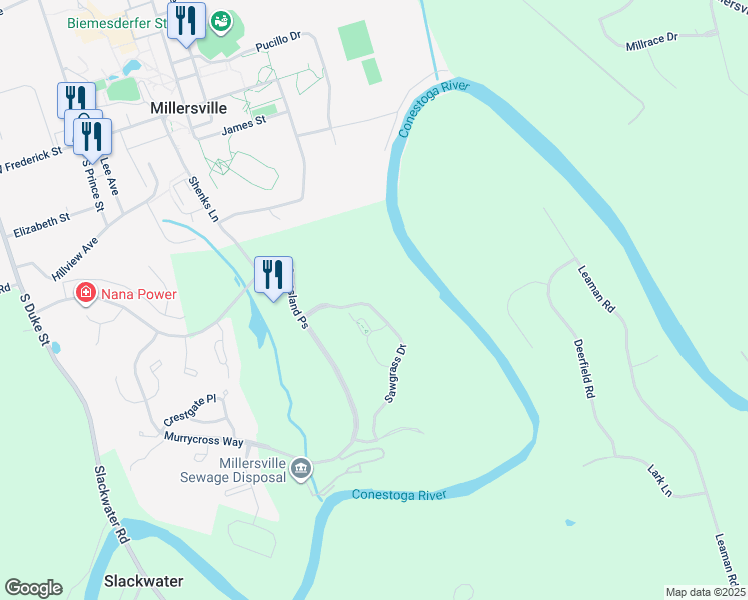 map of restaurants, bars, coffee shops, grocery stores, and more near 136 Sawgrass Drive in Lancaster