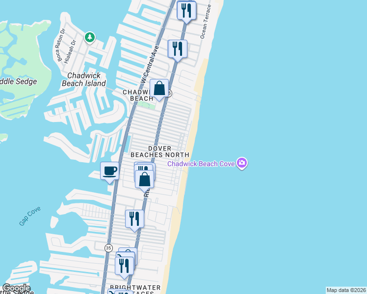 map of restaurants, bars, coffee shops, grocery stores, and more near 3380 Seaview Road in Lavallette