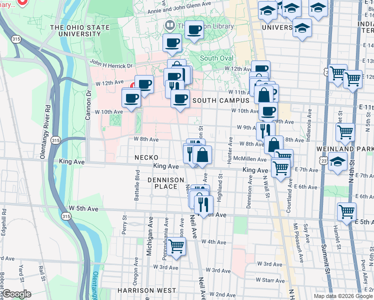 map of restaurants, bars, coffee shops, grocery stores, and more near 1472 Neil Avenue in Columbus