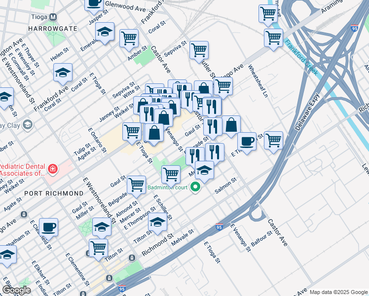 map of restaurants, bars, coffee shops, grocery stores, and more near 3607 Miller Street in Philadelphia