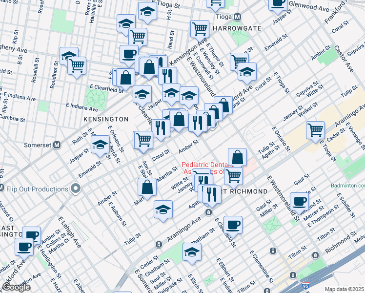 map of restaurants, bars, coffee shops, grocery stores, and more near 2078 East Lippincott Street in Philadelphia
