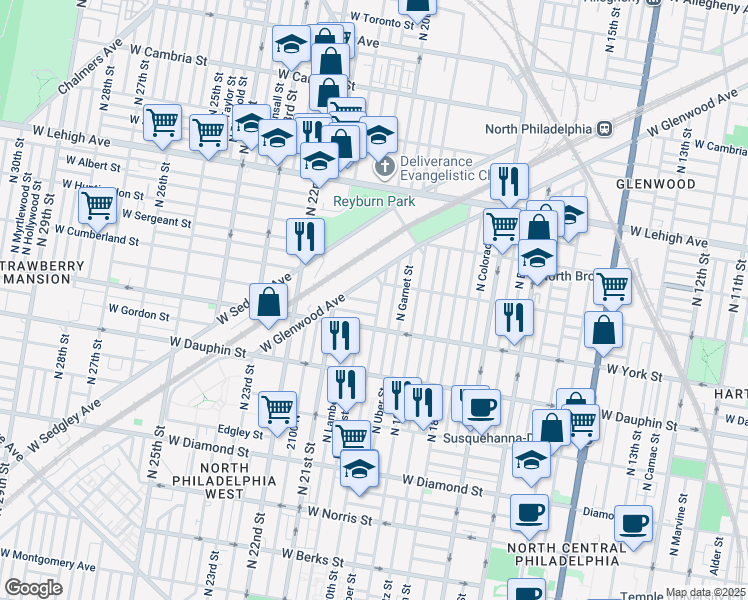 map of restaurants, bars, coffee shops, grocery stores, and more near 2432 North 20th Street in Philadelphia