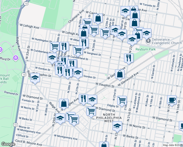 map of restaurants, bars, coffee shops, grocery stores, and more near 2545 West Arizona Street in Philadelphia