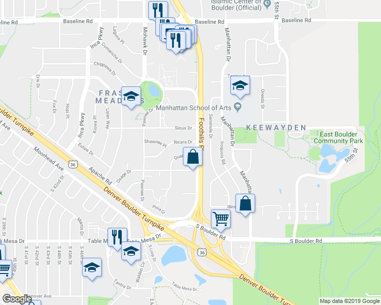 map of restaurants, bars, coffee shops, grocery stores, and more near 4965 Qualla Drive in Boulder