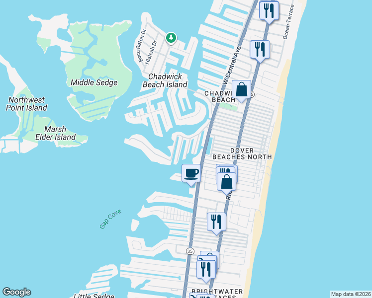 map of restaurants, bars, coffee shops, grocery stores, and more near 3333 Teal Ln in Lavallette
