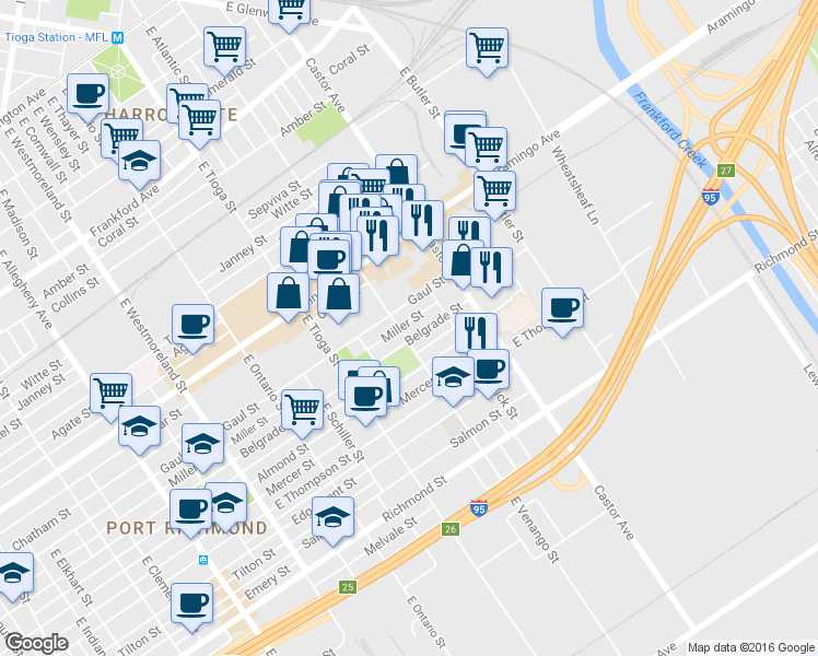 map of restaurants, bars, coffee shops, grocery stores, and more near 3607 Miller Street in Philadelphia
