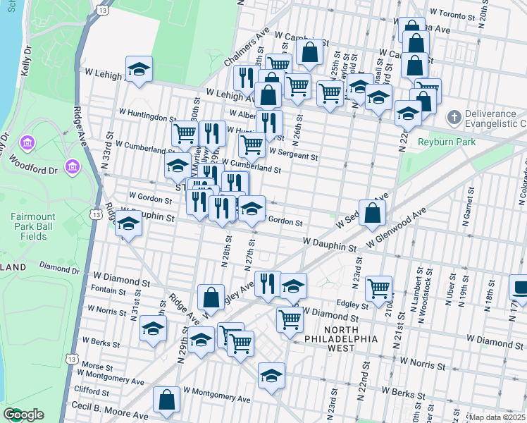 map of restaurants, bars, coffee shops, grocery stores, and more near 2644 West Arizona Street in Philadelphia