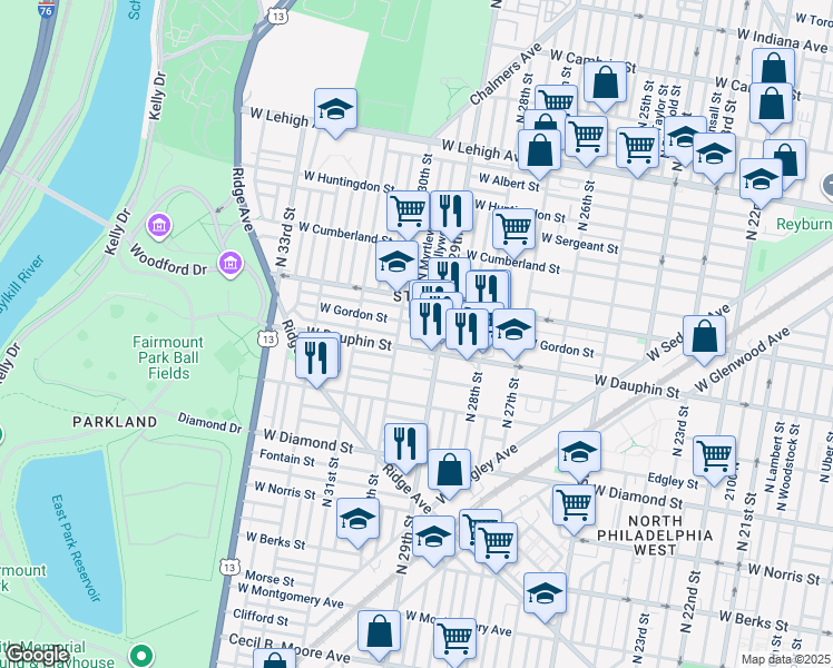 map of restaurants, bars, coffee shops, grocery stores, and more near 2321 North Myrtlewood Street in Philadelphia