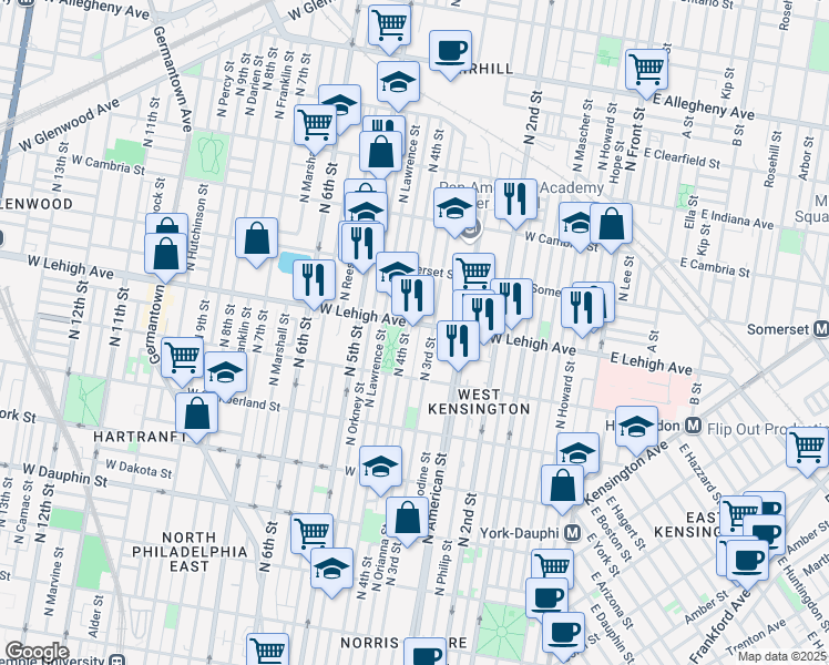 map of restaurants, bars, coffee shops, grocery stores, and more near 314 West Lehigh Avenue in Philadelphia