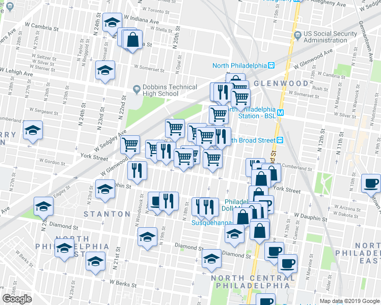 map of restaurants, bars, coffee shops, grocery stores, and more near 2465 North Cleveland Street in Philadelphia