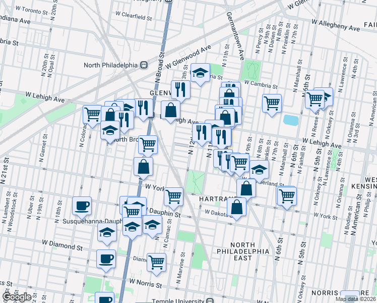 map of restaurants, bars, coffee shops, grocery stores, and more near 2548 North 12th Street in Philadelphia