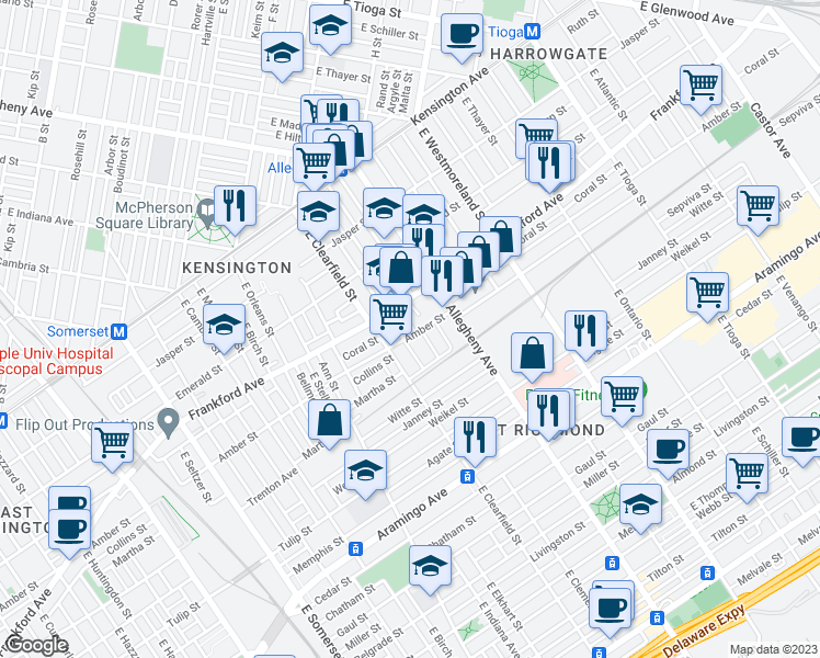 map of restaurants, bars, coffee shops, grocery stores, and more near 2078 East Lippincott Street in Philadelphia