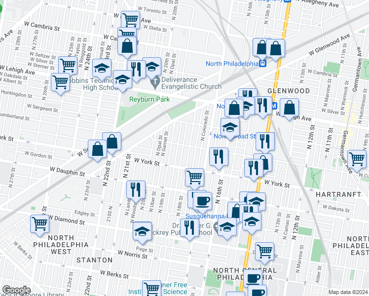 map of restaurants, bars, coffee shops, grocery stores, and more near 2465 North Cleveland Street in Philadelphia